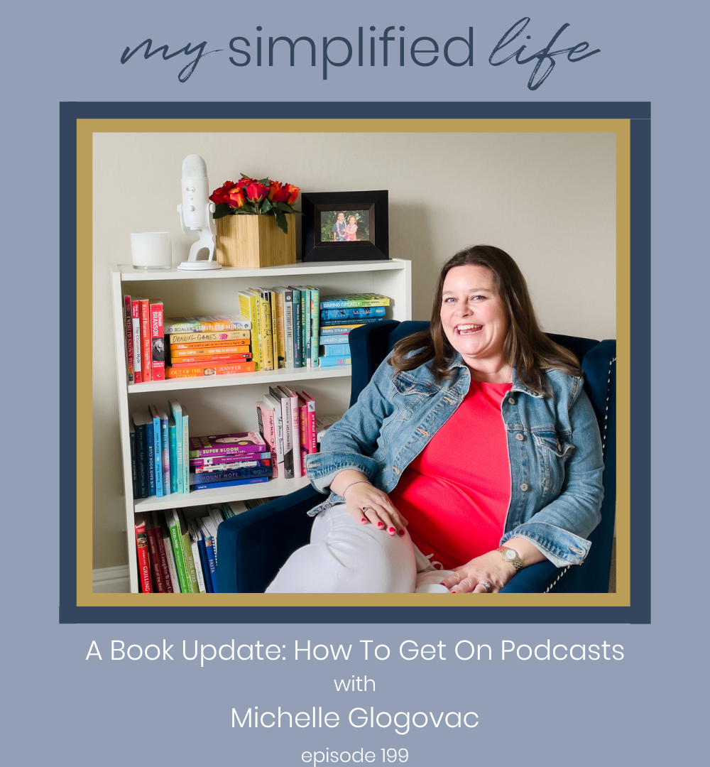 Michelle Glogovac sitting in a chair with a bookshelf of books behind her and a podcast microphone on top.